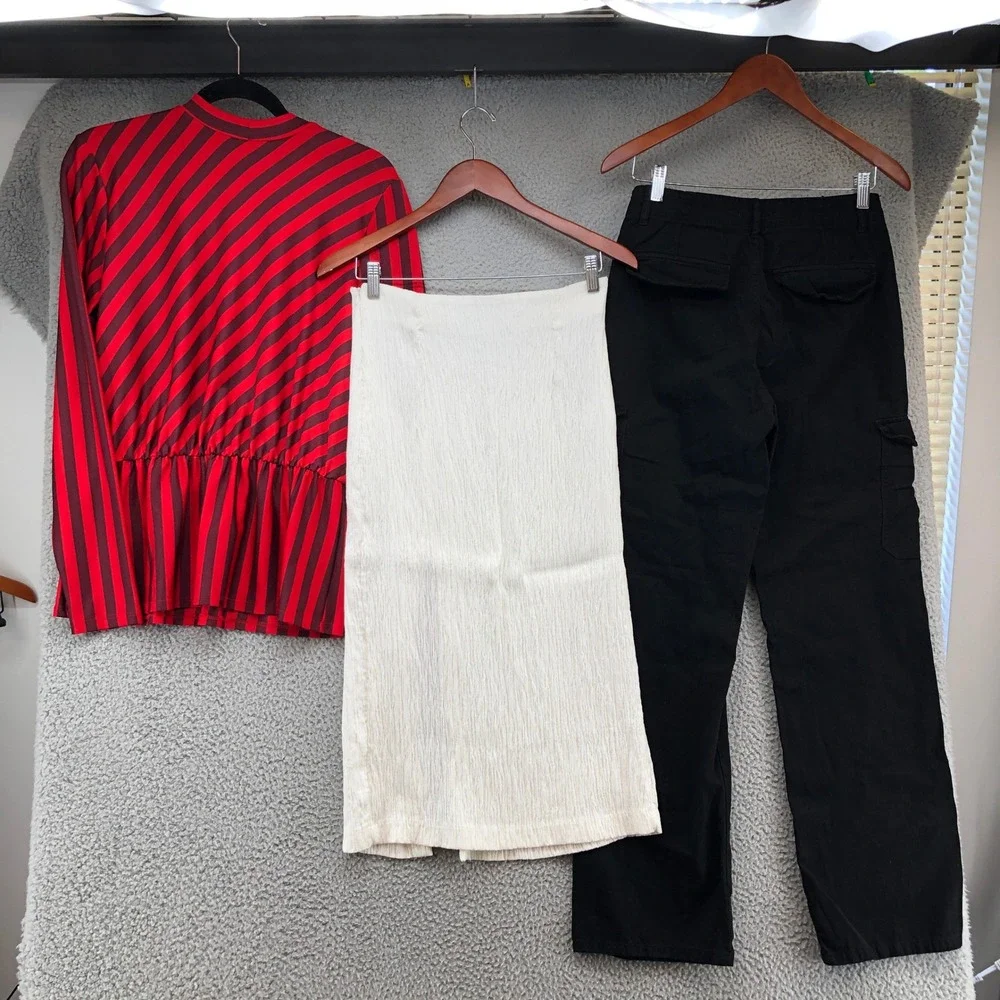 Zara Clothing Lot Women Small 4 Red White Black Striped Top Skirt Cargo Pants